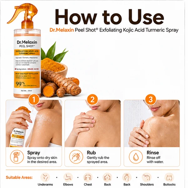 Dr. Melaxin Kojic Acid & Turmeric Body Peeling Spray – Exfoliating & Glow Care - Image 6